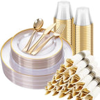 SUT 175 Pcs Gold and Clear Plastic Dinnerware Set for 25 Guests, Include: 25 Dinner Plates, 25 Dessert Plates, 25 Pre Rolled Napkins With Silverware, 25 Cups, Disposable Plates for Party, Wedding by SeeYouTomorrow