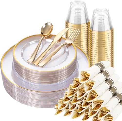 SUT 175 Pcs Gold and Clear Plastic Dinnerware Set for 25 Guests, Include: 25 Dinner Plates, 25 Dessert Plates, 25 Pre Rolled Napkins With Silverware, 25 Cups, Disposable Plates for Party, Wedding by SeeYouTomorrow