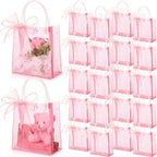 Sayglossy 50 Pcs Clear Pink Gift Bags with Handles 6.1 x 5.9 x 2.8 Inch Wedding Transparent Glitter Tote with Ribbons Reusable PVC Gift Wrap Bags for Baby Bridal Shower Birthday Party by Sayglossy