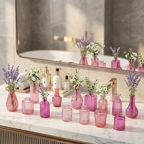 32 PCS Assorted Vintage Bud Vases, Colorful Glass Small Vases Bulk, for Centerpieces, Wedding Table Decor, Home Decorations & Gifts (Pink Seiris) - Image 5