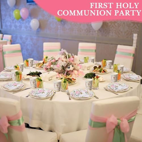 Ziliny 250 Pcs God Bless Baptism Party Tableware Set for 50 Guest First Holy Communion Decorations Pink Eucalyptus Leaves Paper Plates Napkins and Cups for Christening Baby Shower Religious - Image 5