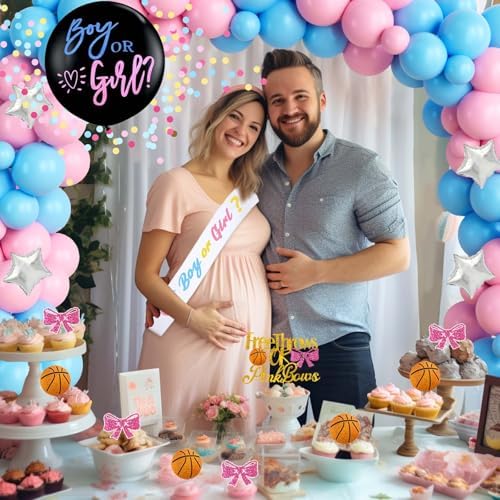 Free Throws or Pink Bows Gender Reveal Decorations, Baby Boy or Girl Gender Reveal Decorations, Basketball or Bows Party Décor Backdrop Balloon Banner Tablecloth Cake Cupcake Topper Box Sash - Image 5