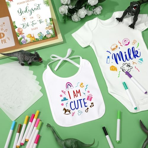 Panitay 100 Pcs White Baby Bodysuits Bibs Kit 25 Guests, Dinosaur - Image 3