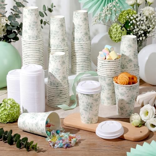 Funnymoom 100 Pieces Sage Green Floral Disposable Paper Cups with 120 Lids 12 oz Coffee Sage Green Herb Beverage Coffee Cups for Spring Wedding Baby Bridal Shower Tea Party Baby Shower - Image 6