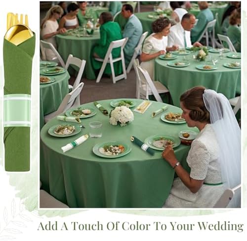 Lasnten 50 Pcs Pre-rolled Gold Cutlery Set with Napkins Green - Image 5
