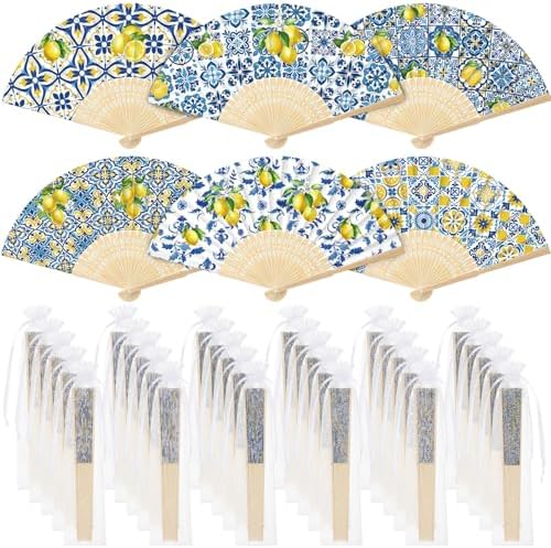 RattanView 30 Pcs Capri Lemon Folding Hand Fan Bulk with Bag Amalfi Coast Party Favor Yellow Blue Tiles Mediterranean Foldable Handheld Paper Fan for Summer Wedding Birthday Party Supplies Decor by RattanView