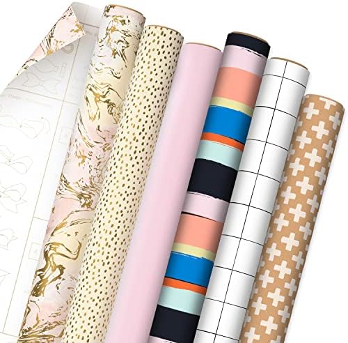 Hallmark Wrapping Paper with Cutlines on Reverse (6 Rolls: 135 Square Feet Total) Pink, Gold, Stripes, Kraft Brown, Black and White Plaid for Birthdays, Baby Showers, Bridal Showers, Mother's Day by Hallmark