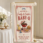 Welcome Red Gingham BBQ Grill Baby Q Baby Shower Satin Fabric Welcome Banner by Custom