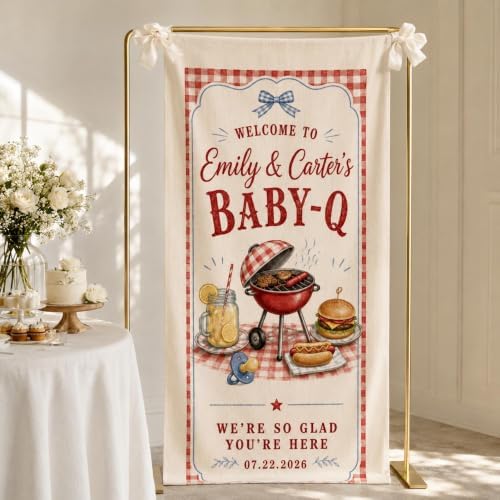 Welcome Red Gingham BBQ Grill Baby Q Baby Shower Satin Fabric Welcome Banner by Custom