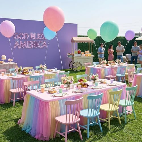 2 pk 8ft Rainbow Tulle Tablecloth for Rectangle Tables, 2-in-1 Pastel Color Table Covers with Tulle Skirt,Wrinkle Free Stretchy Ruffle Tulle Table Cloths Fitted for Wedding Party Banquet Vendor - Image 6
