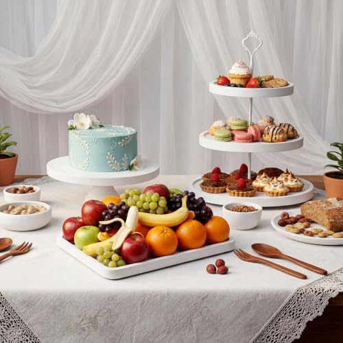 RattanView 7 Pcs Wooden Cupcake Stand Set with Cake Pedestal Trays,White - Image 5