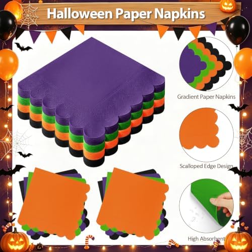 192Pcs Purple Balck Orange Plates and Napkins Party Supplies, Disposable 9’’ Scalloped Halloween Paper Plates Cups Napkins Forks Party Decorations for Birthday, Thanksgiving, Serves 483 - Image 4