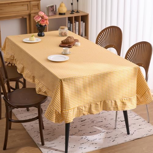 vctops Farmhouse Yellow Gingham Ruffle Table Cloth, Boho Cotton Linen Tablecloth, Washable Table Cover for Square Table Baby Shower Kitchen Party Wedding Decor (Yellow,70"x70") by vctops