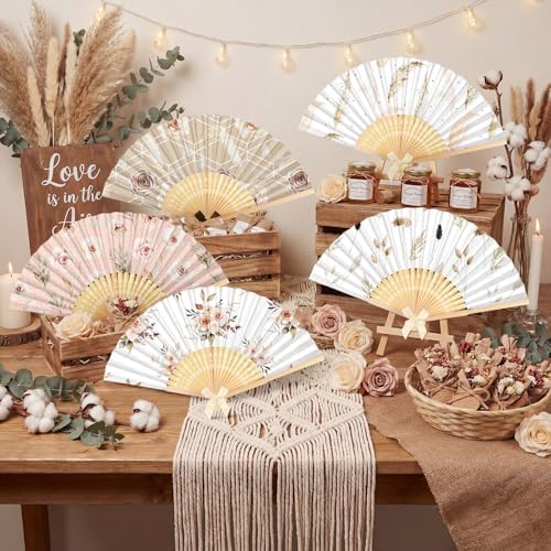 Roowest 36 Pcs Boho Floral Folding Hand Fan Bulk Bohemian Flowers Pattern Fans for Wedding Guests Bulk Collapsible Pampas Grass Paper Handheld Fans for Wedding Bridal Baby Shower Party Favors - Image 6