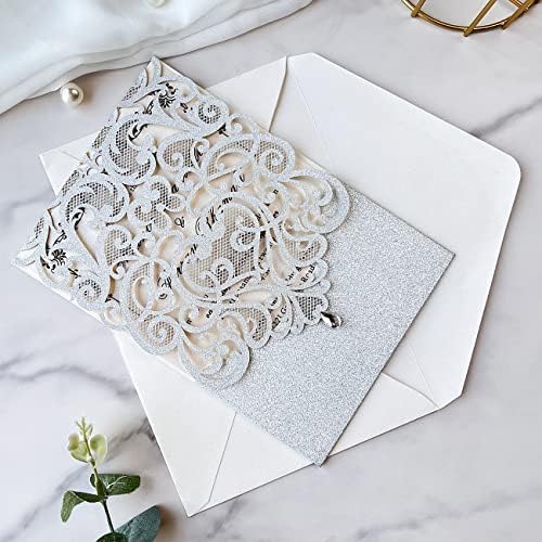 Hosmsua 5.1 x 7.3 Inch 50PCS Silver Glitter Wedding Invitation Cards with Rhinestone Laser Cut Hollow Flora Quinceanera Invitation with Envelopes for Bridal Shower Wedding Invite (Silver Glitter) - Image 5