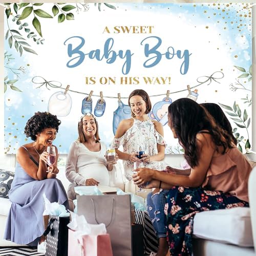 10x8ft Baby Shower Backdrop for Boy, A Sweet Baby Boy is On His Way Banner, Blue Greenery Baby Shower Decorations for Gender Reveal Party, Newborn Photo Background Photography Decor - Image 3