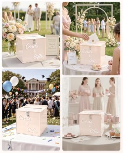 Cream Beige Acrylic Wedding Card Box with Lock, 10" Card Holder with Slot - Image 6