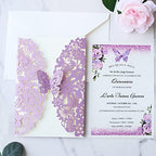 Hosmsua 50PCS Purple Butterfly Quinceanera Invitation Card Kit 5.1x7.3'' Laser Cut Flora Butterfly Invitation Pocket with Envelopes for Bridal Shower XV Anos Wedding Invitation (Purple Glitter) - Image 4