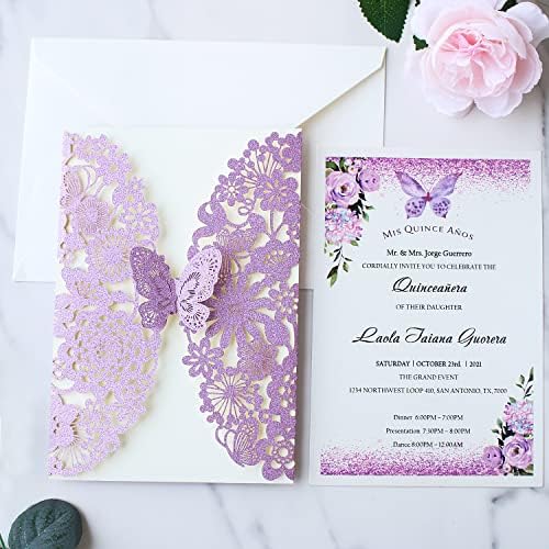 Hosmsua 50PCS Purple Butterfly Quinceanera Invitation Card Kit 5.1x7.3'' Laser Cut Flora Butterfly Invitation Pocket with Envelopes for Bridal Shower XV Anos Wedding Invitation (Purple Glitter) - Image 4
