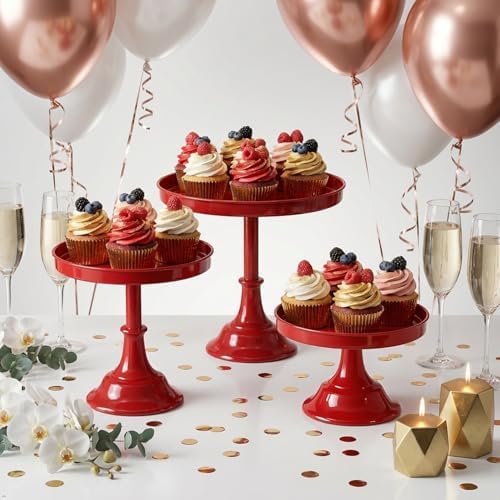 Red 3Pcs Metal Round Cake Stand Set 8/10/12 Inch Dessert Display - Image 3