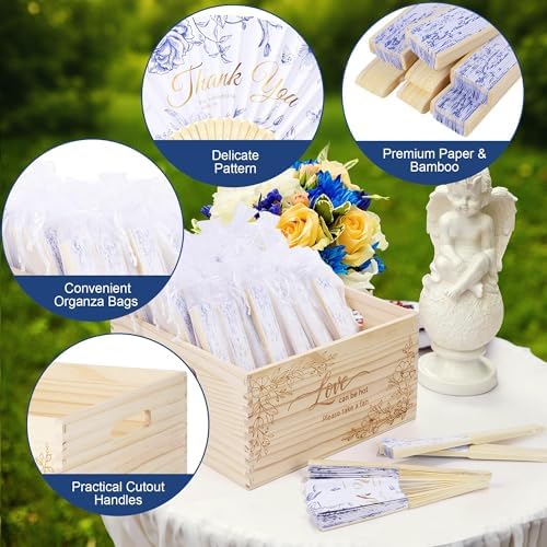 Aneco 100 Pieces Wedding Foldable Hand Fans Floral Handheld Paper Fans with Organza Bags and Storage Basket Folding Fans for Wedding Guests Bridal Shower Bridesmaid Gifts - Image 3