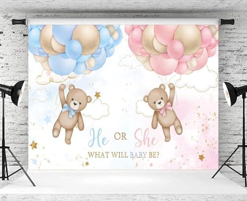 10x6.5ft Bear Gender Reveal Backdrop Baby Boy or Girl Pink or Blue Balloons Photography Background What Will Baby Be Banner Decorations Party Supplies Photo Booth Props - Image 4
