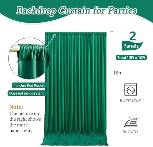 10 x 10 Feet Green Backdrop Curtain for Partie, Background Curtains for Photoshoot, Birthday, Wedding, Halloween, Thanksgiving, Christmas Day, New Year Party Decorations 5Ft x 10Ft, 2 Panels - Image 2