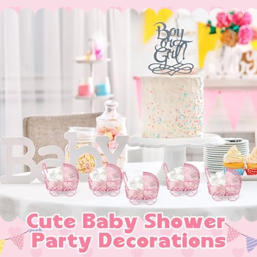 Threehoney 24 Pcs Baby Shower Mini Carriage Decoration Pink Metal Wired Fillable Candy Stroller Baby Shower Table Centerpiece for Guest Gender Reveal Wedding Party Favor Gift - Image 4
