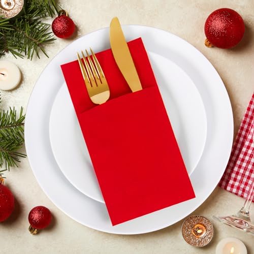 KAMMAK Red Napkins Disposable Dinner Paper Napkins with Pocket 100 Pack Cloth Like Folded Wedding Reception Napkin Guest Hand Towels for Party Decoration, Bathroom, Kitchen, Hotel (16.5 x 16.5 inch) - Image 3