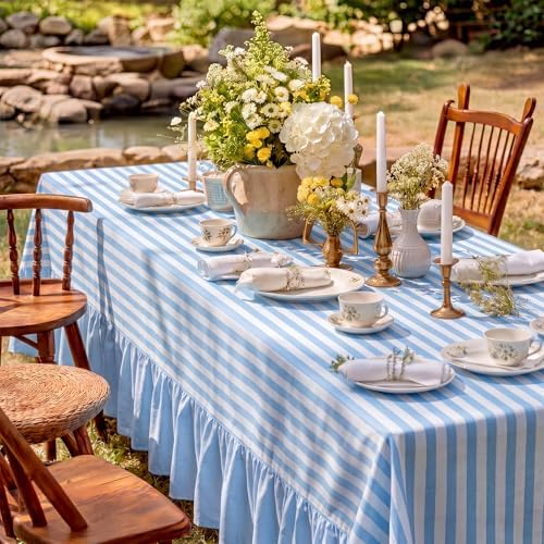 Moukeren 120"x60" Ruffled Tablecloth Table Cover, Blue and White, Striped - Image 6