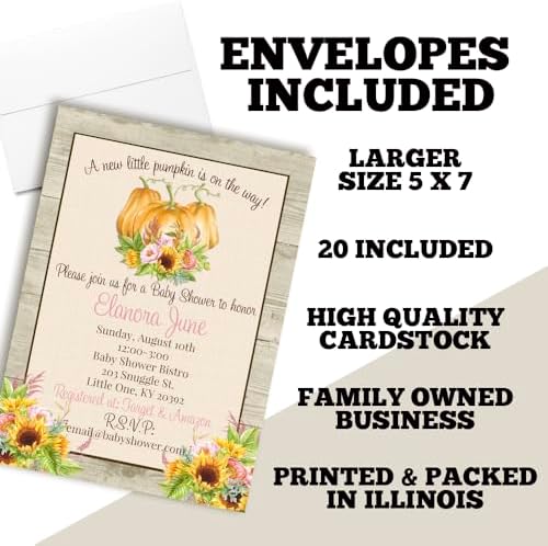 Amanda Creation Custom Baby Shower Invites Watercolor Pumpkin Baby Shower Invitation 20 5x7 Custom Personalized Pumpkin Invites With Envelopes - Image 6