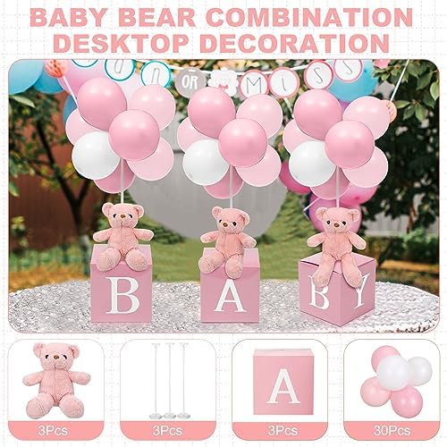 Lenwen 3 Sets Jungle Animal Decoration for Baby Shower Letter Boxes Baby Shower Table Centerpiece Stuffed Animals Balloon with Stand Plush Boxes for Party(Pink,Bear) - Image 2