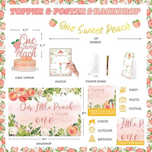 130 PCs One Sweet Peach Birthday Decorations, Fiesec Peach 1st Party Decorations Backdrop Balloon Garland Leaves Monthly Photo Highchair Banner Cake Topper Box Cutout Crown Poster Pastel Peach - Image 5