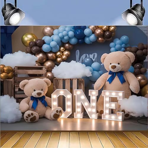 Happy 1st Birthday Backdrop Hot Air Balloon Bear Baby Shower Photography Background Newborn Baby Shower First Birthday Banner Baby Boys One 1st Birthday Party Decorations Supplies(D, 9x6feet) - Image 2