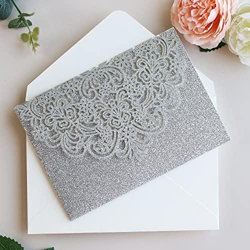 Hosmsua 50PCS Silver Glitter Wedding Invitation Pocket, 5.12 x 7.2 Tri-fold Laser Cut Lace Flora Invitation Pockets with Envelopes for Wedding Bridal Shower Quince Anos (No Inner Sheet) - Image 5