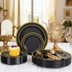 GATHER 350PCS Black Plastic Plates with Gold Rim for Wedding Party - Image 5