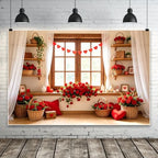 12x10ft Romantic Valentines Day Photography Backdrop Window Scene Red Rose Flower Wicker Basket Heart Garland White Curtain Wooden Shelves Photo Background for Couple Portrait Photo Booth by ASDCXZ