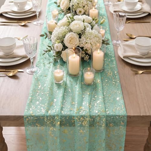Artoid Mode 10Pcs Turquoise Gauze Gold Table Runner 10FT, Glitter Metallic Foil Sheer Dining Wedding Anniversary Holiday Table Decor for Home Party - Image 7
