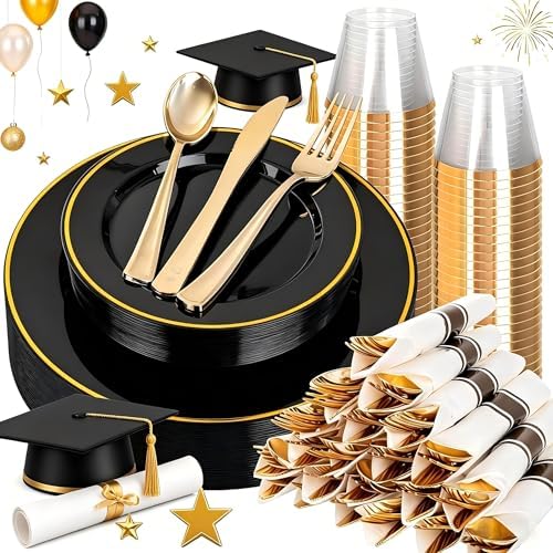 SUT 175 Pcs Black and Gold Plastic Dinnerware Set for 25 Guests, Include: 25 Dinner Plates, 25 Dessert Plates, 25 Pre Rolled Napkins With Silverware, 25 Cups, Disposable Plates for Party by SeeYouTomorrow