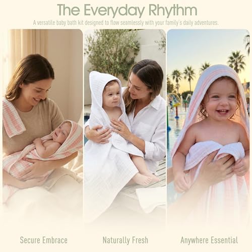 Organic Muslin Hooded Baby Bath Towel 4pc for Newborn - Pink Stripe - Image 4