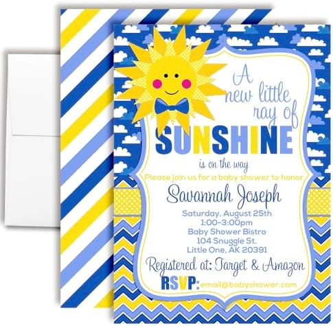 Custom Baby Shower Invites Boy Sunshine Baby Shower Invitation 20 5x7 Custom Personalized A Little Ray of Sunshine Shower Invites With Envelopes - Unique Sunshine Theme by AmandaCreation
