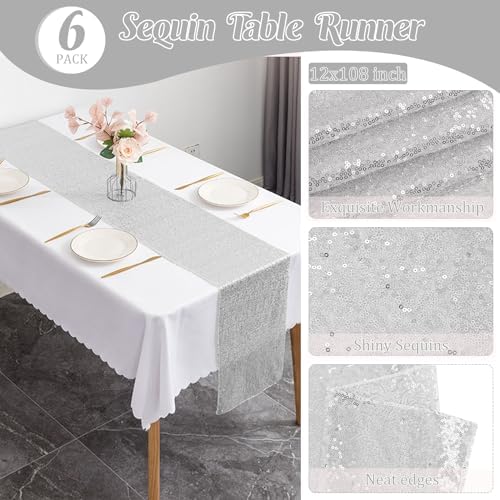 6 Pack Sequin Table Runner 12" x 108" Sparkle Table Runner for Baby Bridal Shower Wedding Birthday Party Table Decor (Silver) - Image 4
