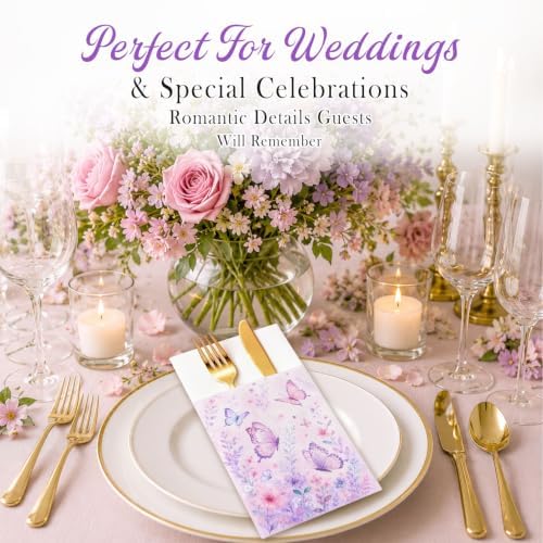 Butterfly Floral Linen Feel Pocket Napkins for Wedding Birthday Party Decor - Image 2
