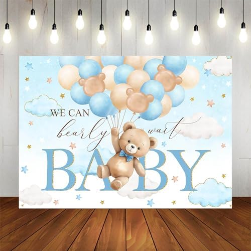 Bear Baby Shower Backdrop We Can Bearly Wait Party Decorations Background for Boy Bear Theme Baby Shower Banner Photo Booth Prop (Blue, 8x6ft) - Image 5