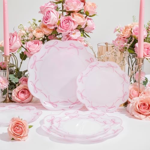 LIYH 60 Pcs Pink Bow Plastic Plates for Party - Pink Scalloped Scalloped Plates Disposable Heavyduty for Decorative Tableware for Holiday Party Decor Supplies - 10.25" Dinner & 7.5" Dessert Plate - Image 2
