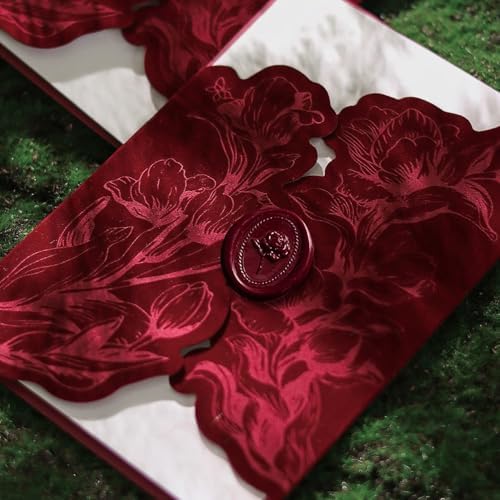 Burgundy Velvet Invitation Sleeve, Elegant Flower Jacket and Rose Wax Seals, Wedding Invitations Cover, fit 5x7 inch Cards (25pcs Velvet Sleeve + Wax Seal Only) - Image 2
