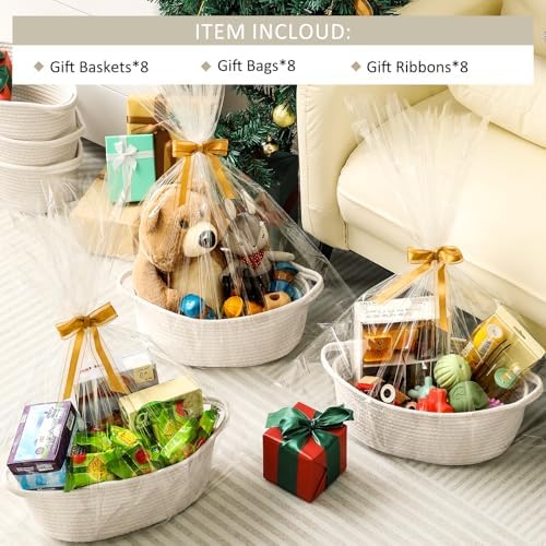 8 Pack Small Woven Basket with Gift Bags and Ribbons, All 12"x 8"x 5", Empty Decorative Gift Chest Box, Cute Baby Gift Basket for Nursery, Cotton Rope Room Shelf Storage Basket with Handles, White - Image 2