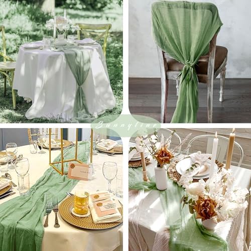 12 Pcs 10FT Sage Green Cheesecloth Table Runner 35 x 120 Inches Long Runner for Tables Gauze Fabric Boho Table Runner Decoration Rustic Sheer Runner for Wedding Baby Shower Birthday Party (Sage Green) - Image 6