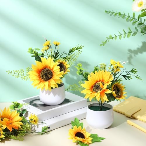 Zeyune Artificial Sunflower Potted Plants Rustic Wedding Table Centerpieces Summer Spring Kitchen Silk Yellow Flower with Plastic Pot for Home Bathroom Office Bridal Shower(8 Pcs,Classic,Sunflower) - Image 4