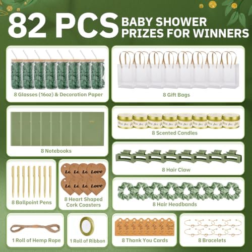 90Pcs Baby Shower Prizes for Game Winners Gifts Wedding Bridal Shower Gifts Including Glass Cans Notebooks Soy Candles Hair Clips for Baby Shower Wedding Bridal Shower Game Prizes (Green, 8 Sets) - Image 3